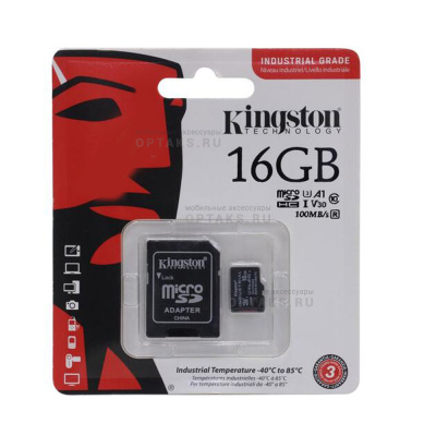 Карта памяти microSDHC 16 Гб Kingston, Industrial Temp, Class10, UHS-I U30 V30 A1 100Mb/s, с адаптером